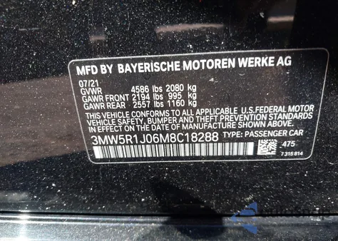 2021 BMW 330I из США, поврежденный, VIN 3MW5R1J06M8C18288